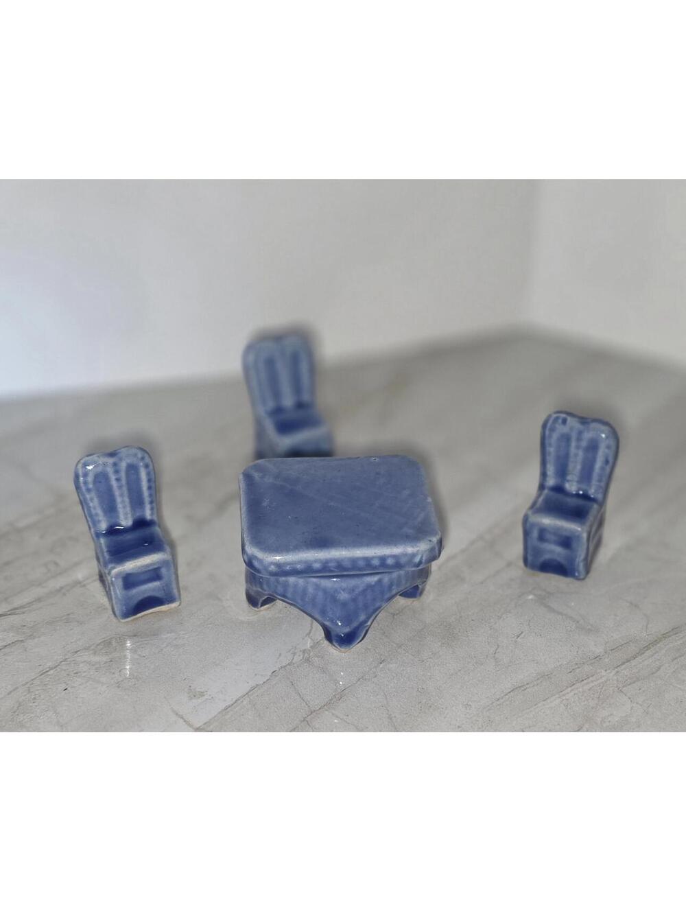 Miniature Blue Porcelain Dollhouse Furniture Set - Table and Chairs